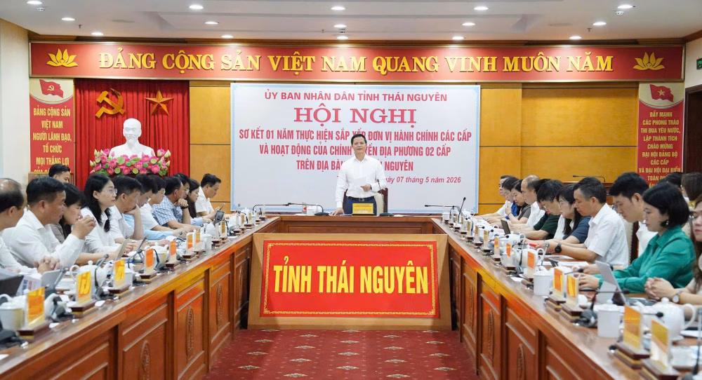 Đồng chí Vương Quốc Tuấn - Chủ tịch UBND tỉnh Thái Nguyên phát biểu chỉ đạo tại Hội nghị sơ kết 01 năm thực hiện sắp xếp đơn vị hành chính và hoạt động của chính quyền địa phương 02 cấp